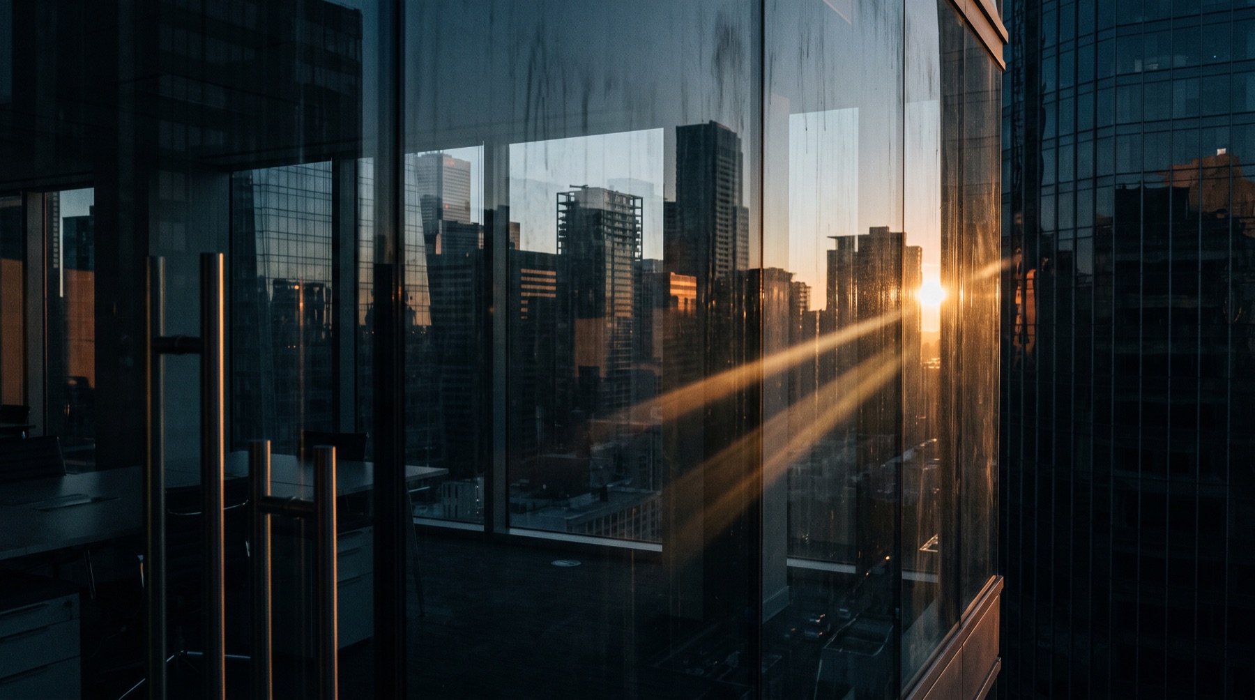 A city district at first light, towers mostly dark.